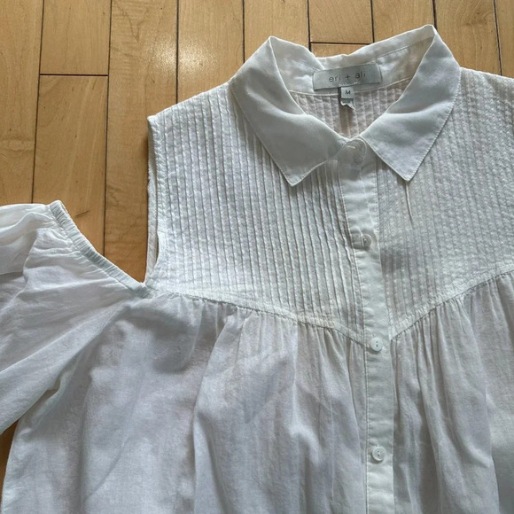 ANTHROPOLOGIE Eri+Ali Pintuck Open Shoulder Button Down White Blouse size medium - Picture 7 of 9